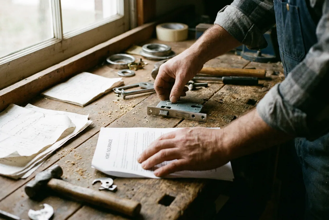 Contrat d'assurance habitation et serrure certifiée posés sur une table